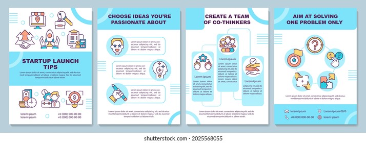 Startup launch tips brochure template. Create a team. Choose idea. Flyer, booklet, leaflet print, cover design with linear icons. Vector layouts for presentation, annual reports, advertisement pages