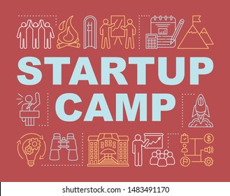 Startup launch training camp word concepts banner. Leadership school, business advice. Presentation, website. Isolated lettering typography idea with linear icons. Vector outline illustration