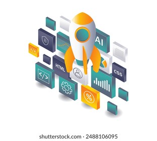 Startup Launches New App Update flat isometric illustration