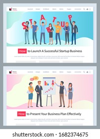 Startup launching of business and presentation of plan vector, people working with data and info on whiteboard, project with analysis charts. Website or webpage template, landing page flat style