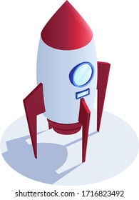 Proceso de lanzamiento inicial, tecnología empresarial, concepto de negocio en línea y espacial con cohetes e ilustración vectorial sobre fondo blanco. Trabajo, análisis de ideas, compra de la industria. Estilo isométrico 3d.