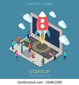 Startup Launching Process Flat 3d Web Isometric Infographic Technology Online Service Application Internet Business Concept Vector. Rocket Space Ship Taking Off Laptop Keyboard Micro Creative People.