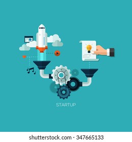 Startup launching process flat web infographic technology online service application internet business concept vector. Rocket space ship taking off idea. Design elements for mobile apps