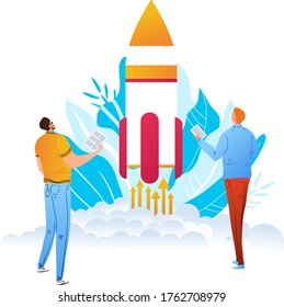 Startup launching process infographic technology character male prepared launch company rocket isolated on white, flat vector illustration. Work and idea analysis, financial success young enterprise.