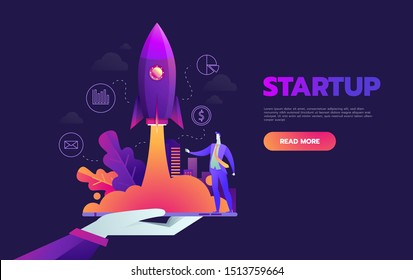 Startup launching process isometric infographic technology online. Business concept vector. Rocket space ship taking off with micro creative people.