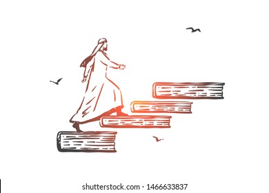 Startup, leadership, growth, first concept sketch. Arab in traditional niqab walking up on books. Hand drawn isolated vector illustration