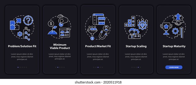 Startup lifecycle dark onboarding mobile app page screen. Business launch walkthrough 5 steps graphic instructions with concepts. UI, UX, GUI vector template with linear night mode illustrations