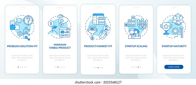 Startup lifecycle phases blue onboarding mobile app page screen. Business launch walkthrough 5 steps graphic instructions with concepts. UI, UX, GUI vector template with linear color illustrations