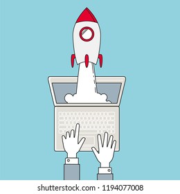 Startup - line design. Rocket launch and smoke in laptop. Startup project concept. Vector illustration.
