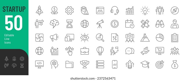 Einstellungen der bearbeitbaren Symbole der Startzeile. Vektorgrafik im modernen, dünnen Stil von unternehmensbezogenen Symbolen: Start-up, Geld, Unternehmen, Entwicklung, Forschung, Wachstum, Management. Einzeln auf Weiß