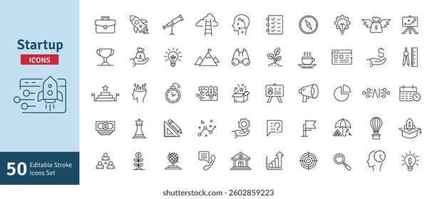Startup Line Editable Stroke Icons Set. Funding, Planning, Strategy, Launch, Marketing, Growth, Ideas, Technology, Creativity Icons Vector Illustration