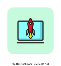 Start-up line icon. Laptop, computer, rocket. Product launch concept. Vector illustration can be used for topics like engineering, business, technology