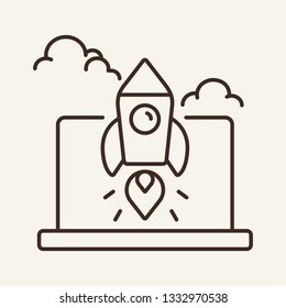 Startup line icon. Rocket starting from laptop. Business concept. Can be used for topics like investment, innovation, new project