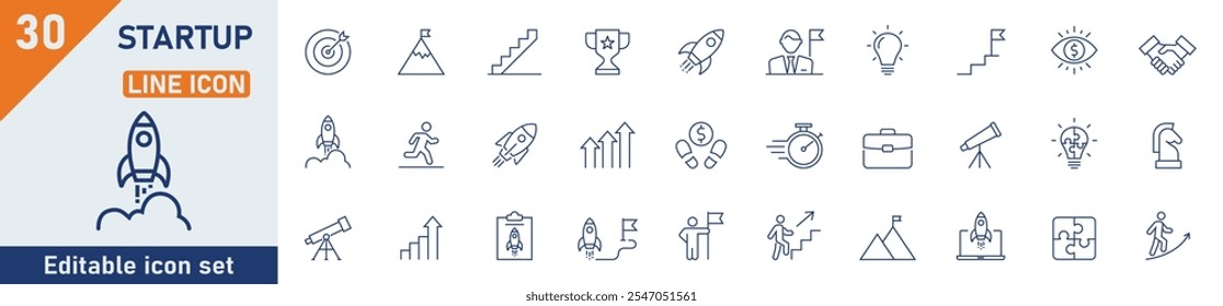 Startup line icon set. Set of 30 outline icons related to startup, vision, company, development, growth, management and others. Vector illustration.