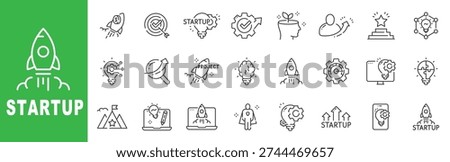 Startup line icon set featuring rocket launch, innovation, business growth, leadership and editable stroke outline symbols.
