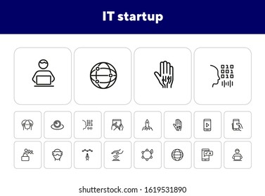 IT startup line icon set. Programmer, scanning, robotic hand, goggles. Business concept. Can be used for topics like information technology, software development, innovation