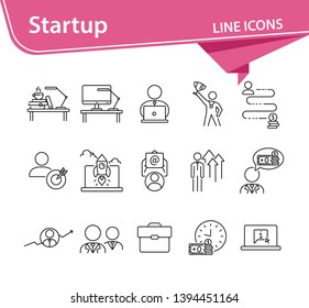 Startup line icon set. Rocket, entrepreneur, growth diagram. Business concept. Can be used for topics like leadership, success, investment