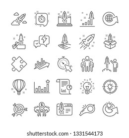 Startup line icons. Business report, Launch Project, Target icons. Strategy, Development plan, Startup space rocket. Air balloon, Out of the Box strategy and Business innovation report. Vector