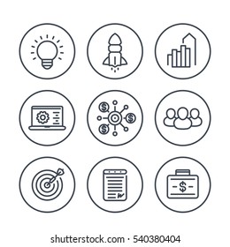 startup line icons in circles over white, product launch, funding, initial capital, contract, growth, target market