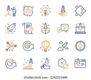 Startup line icons. Launch Project, Business report, Target icons. Strategy, Development plan, Startup space rocket. Air balloon, Out of the Box strategy and Business innovation report. Vector