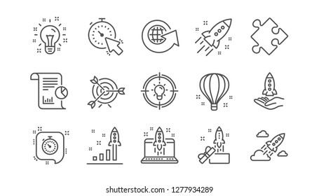Startup line icons. Launch Project, Business report and Target. Strategy linear icon set.  Vector