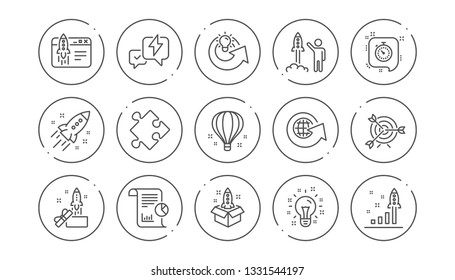 Startup line icons. Launch Project, Business report and Target. Strategy linear icon set. Line buttons with icon. Editable stroke. Vector