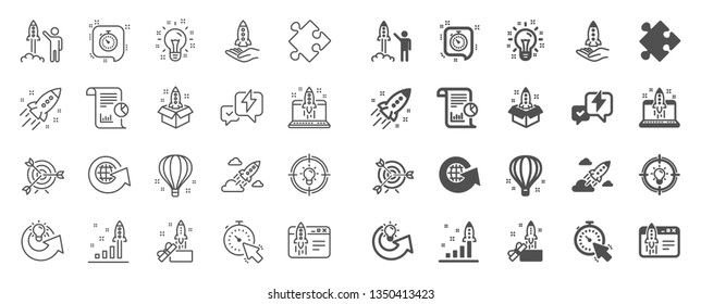 Startup line icons. Launch Project, Business report, Target icons. Strategy, Development plan, Startup space rocket. Air balloon, Out of the Box strategy and Business innovation report. Vector