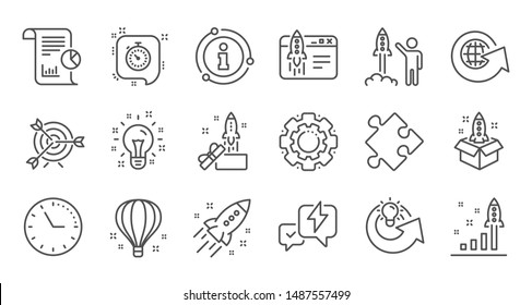 Startup line icons. Launch Project, Business report and Target. Strategy linear icon set. Quality line set. Vector