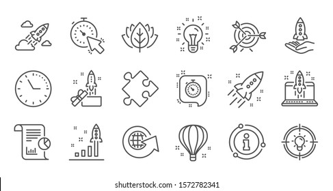 Startup line icons. Launch Project, Business report and Target. Strategy linear icon set. Quality line set. Vector