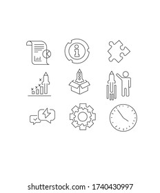 Startup line icons. Launch Project, Business report and Target