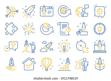 Startup line icons. Launch Project, Business report, Target icons. Strategy, Development plan, Startup space rocket. Air balloon, Out of the Box strategy and Business innovation report. Vector