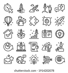 Startup line icons. Launch Project, Business report, Target icons. Strategy, Development plan, Startup space rocket. Air balloon, Out of the Box strategy and Business innovation report. Vector