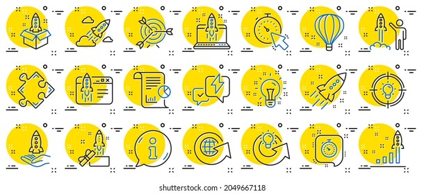 Iconos de la línea de inicio. Iniciar los iconos Proyecto, Informe comercial, Destino. Estrategia, plan de desarrollo, cohete espacial Startup. Globo de aire, estrategia Out of the Box e informe de innovación empresarial. Vector