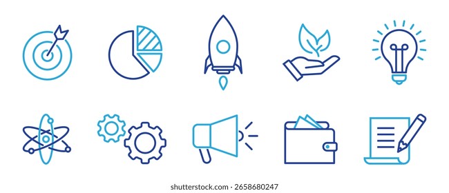 Iconos de línea de inicio. Iniciar proyecto, informe de negocio, iconos de destino. Estrategia, Plan de desarrollo, cohete espacial de inicio. Estrategia Out of the Box e informe de innovación empresarial. Vector