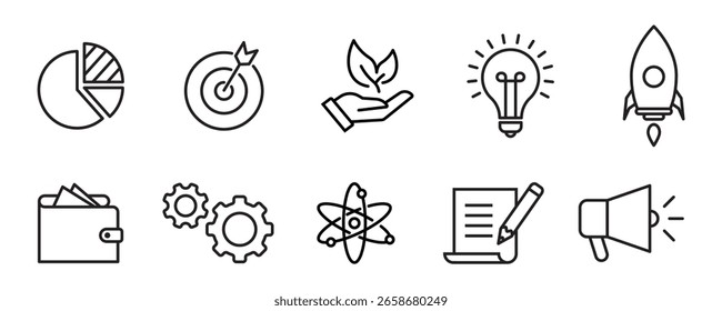 Startup line icons. Launch Project, Business report, Target icons. Strategy, Development plan, Startup space rocket. Out of the Box strategy and Business innovation report. Vector