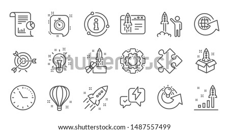 Startup line icons. Launch Project, Business report and Target. Strategy linear icon set. Quality line set. Vector