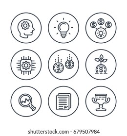 startup line icons on white, creative process, idea, initial capital, funding, innovation, ipo, growth, analytics