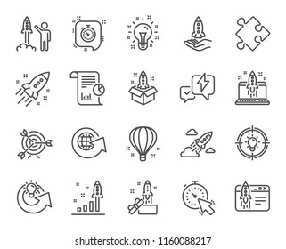 Startup line icons. Set of Launch Project, Business report and Target linear icons. Strategy, Development plan and Space rocket symbols. Air balloon, Out of the Box and Business innovation. Vector