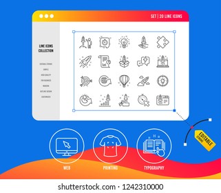 Startup line icons. Set of Launch Project, Business report and Target linear icons. Strategy, Development plan and Space rocket symbols. Air balloon, Out of the Box and Business innovation. Vector