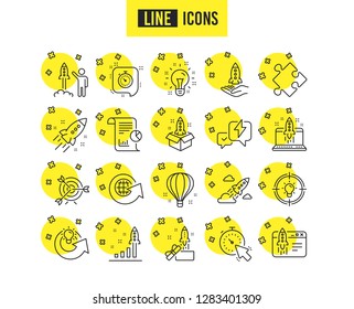 Startup line icons. Set of Launch Project, Business report and Target linear icons. Strategy, Development plan and Space rocket symbols. Air balloon, Out of the Box and Business innovation. Vector
