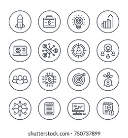 startup line icons set on white, product launch, project funding, initial capital, contract, ipo, target market, customers