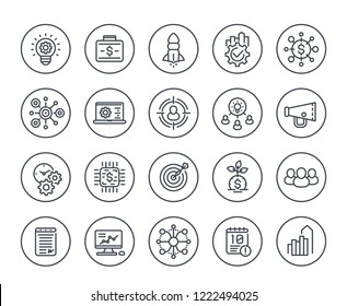 Startup Line Icons Set, Product Launch, Project Funding, Initial Capital, Contract, Ipo And 