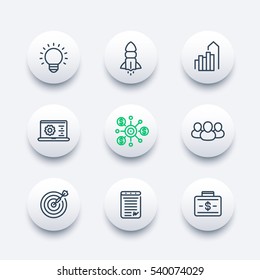 startup line icons set, product launch, development, funding, initial capital, contract, target market, customers