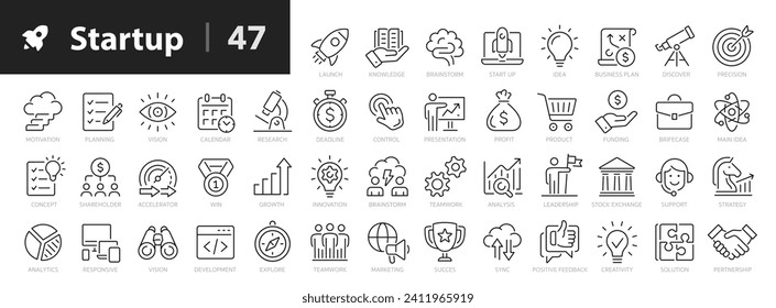 Startup line icons set. Starting business symbols outline 47 icons collection. Launch, project, development, investment, innovation - stock vector.