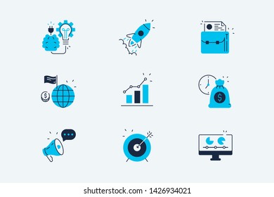 Startup line icons set vector illustration. Composition consists of symbols new idea, rocket, promote, growth strategy and target flat style design. Business concept. Isolated on white