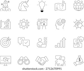 Conjunto de iconos de línea de inicio. Símbolos del esquema de Vector para el lanzamiento de negocios, la innovación, el trabajo en equipo, la estrategia, la Tecnología y el crecimiento.