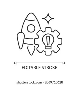 Startup linear icon. Small business foundation. Innovative business model. Team project opening. Thin line customizable illustration. Contour symbol. Vector isolated outline drawing. Editable stroke