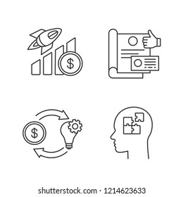 Startup linear icons set. Business growth, branding, crowdfunding, solution. Thin line contour symbols. Isolated vector outline illustrations. Editable stroke