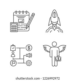 Startup linear icons set. Finance planning, startup launch, business strategy, angel investor. Thin line contour symbols. Isolated vector outline illustrations. Editable stroke
