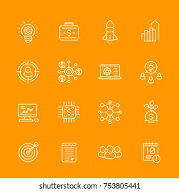 startup linear icons set, new idea, product launch, initial capital, project funding, ipo, target market